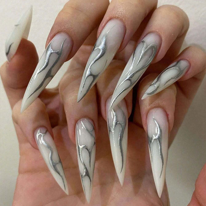 Ivory and Silver Veined Stiletto Nails