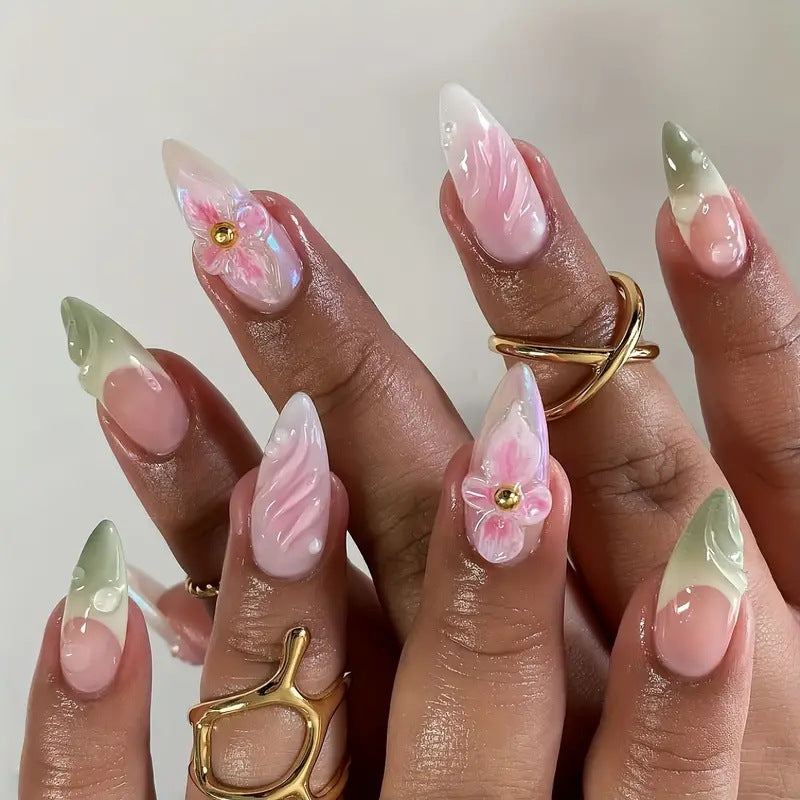 3D Floral Ombre Waterfall and Drip Nails