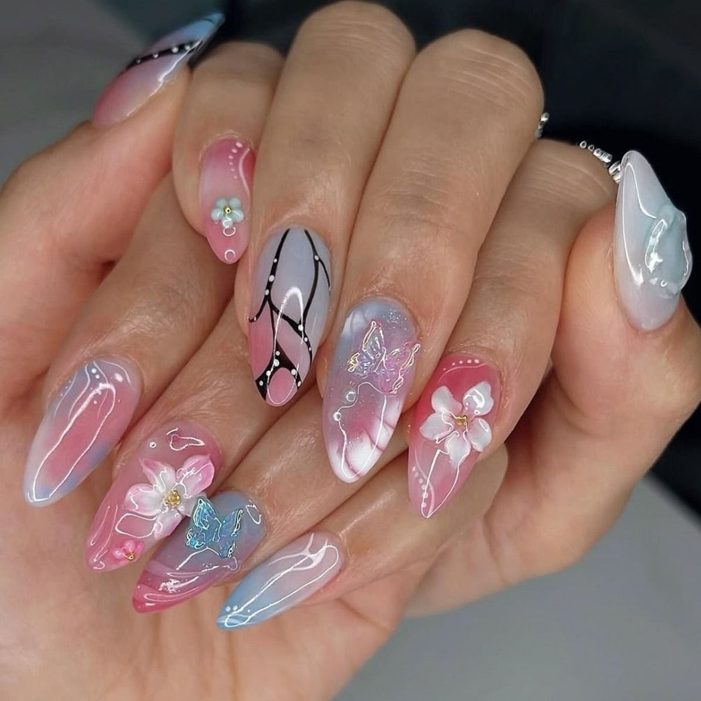 3D Floral And Butterflies Ombre Nails