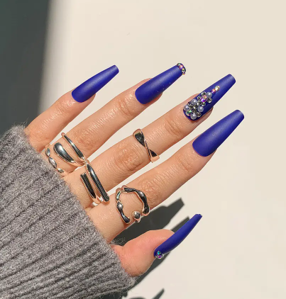 Royal Blue Stone & Pearl Nails