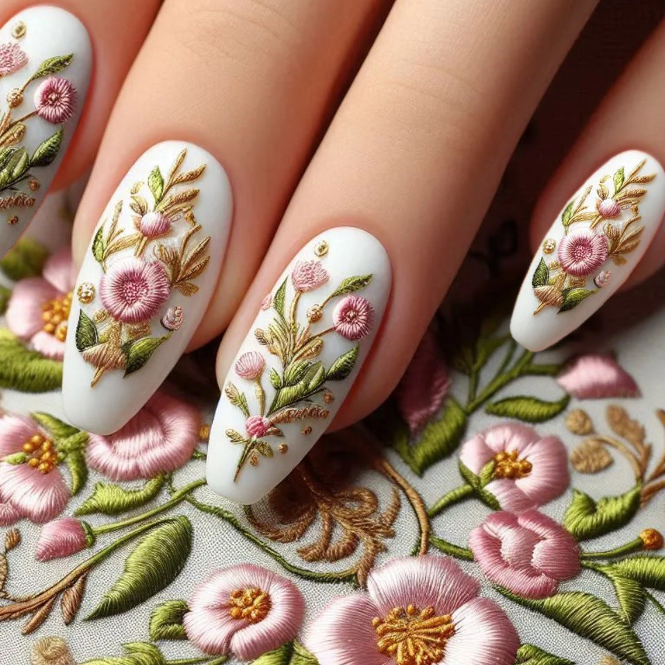 Floral Pastel Embroidery Nails