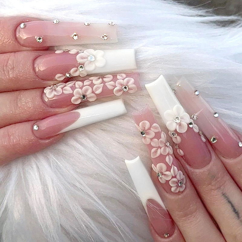 White Floral Ballet Long Nails