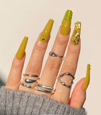 Sparkling Green Butterfly Nails